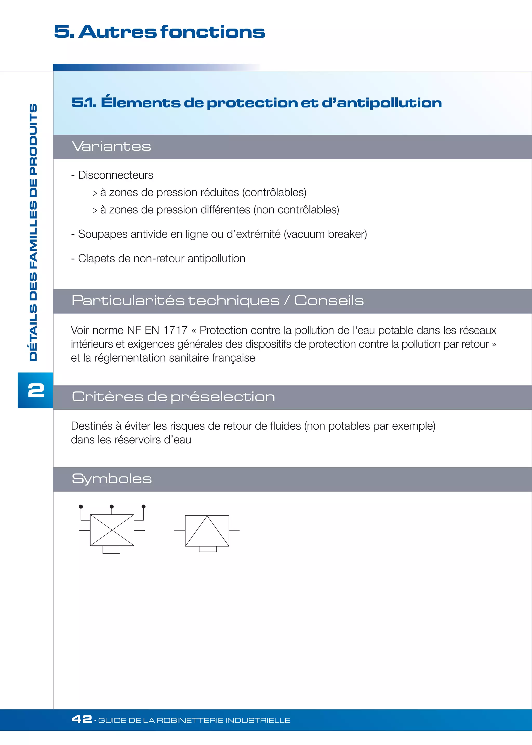 5. Autres fonctions 
42• GUIDE DE LA ROBINETTERIE INDUSTRIELLE 
DÉTAILS DES FAMILLES DE PRODUITS 
2 
5.1. Élements de protection et d’antipollution 
Variantes 
- Disconnecteurs 
 à zones de pression réduites (contrôlables) 
 à zones de pression différentes (non contrôlables) 
- Soupapes antivide en ligne ou d’extrémité (vacuum breaker) 
- Clapets de non-retour antipollution 
Particularités techniques / Conseils 
Voir norme NF EN 1717 « Protection contre la pollution de l'eau potable dans les réseaux 
intérieurs et exigences générales des dispositifs de protection contre la pollution par retour » 
et la réglementation sanitaire française 
Critères de préselection 
Destinés à éviter les risques de retour de fluides (non potables par exemple) 
dans les réservoirs d’eau 
Symboles 
 