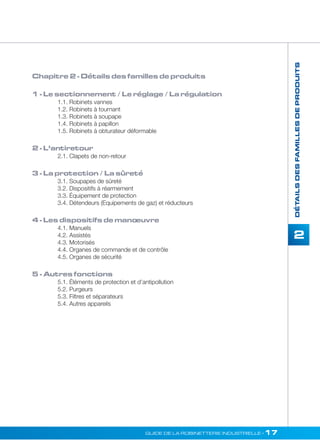 2 
GUIDE DE LA ROBINETTERIE INDUSTRIELLE • 17 
DÉTAILS DES FAMILLES DE PRODUITS 
Chapitre 2 - Détails des familles de produits 
1 - Le sectionnement / Le réglage / La régulation 
1.1. Robinets vannes 
1.2. Robinets à tournant 
1.3. Robinets à soupape 
1.4. Robinets à papillon 
1.5. Robinets à obturateur déformable 
2 - L’antiretour 
2.1. Clapets de non-retour 
3 - La protection / La sûreté 
3.1. Soupapes de sûreté 
3.2. Dispositifs à réarmement 
3.3. Équipement de protection 
3.4. Détendeurs (Equipements de gaz) et réducteurs 
4 - Les dispositifs de mano euvre 
4.1. Manuels 
4.2. Assistés 
4.3. Motorisés 
4.4. Organes de commande et de contrôle 
4.5. Organes de sécurité 
5 - Autres fonctions 
5.1. Éléments de protection et d’antipollution 
5.2. Purgeurs 
5.3. Filtres et séparateurs 
5.4. Autres appareils 
 