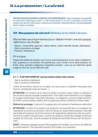 3. La protection / La sûreté 
PROTECTION DES APPAREILS CONTRE LES SURPRESSIONS : dans ce domaine, les appareils 
de robinetterie spécifiques jouent un rôle fondamental car ils sont considérés comme des 
systèmes de sécurité ultime, pour s’assurer que la pression maximale admise n’est pas dépassée 
dans le réseau à protéger. 
3.1. Soupapes de sûreté (Safety and relief valves) 
Paramètres importants pour déterminer une soupape, 
définition du fluide : 
- Nature – composition (gaz sec, vapeur sèche, vapeur saturée, liquide, diphasique) 
- Débit (importance et plage) 
- Pression, température 
Principe 
Organe de sûreté de pression qui s’ouvre automatiquement à une valeur prédétermi-née, 
supérieure à la pression atmosphérique, sous l’action de la seule pression du 
fluide. Deux grandes catégories d’appareils existent : ceux qui se referment après 
usage et ceux qui ne se referment pas. 
30• GUIDE DE LA ROBINETTERIE INDUSTRIELLE 
DÉTAILS DES FAMILLES DE PRODUITS 
2 
3.1.1 - À ACTION DIRECTE (spring loaded safety relief valves) 
- Type à ouverture progressive 
- Type à ouverture instantanée 
L’effort de fermeture, exercé sur le clapet, est assuré par un dispositif mécanique seul 
(ressort, contrepoids, barre de torsion…) 
ATTENTION : en fonction de la nature du fluide (y compris vapeur sèche ou saturée), il 
faut choisir le type de soupape correspondant. Pour éviter toute intervention sur le réglage, 
la soupape est plombée. Il peut être nécessaire, ou obligatoire, suivant la réglementation, 
de vérifier que les parties mobiles de la soupape permettent d’atteindre la levée totale. 
Robinet de jumelage : il associe 2 soupapes pour en assurer la maintenance alternative 
ATTENTION : le choix d’un système de protection est essentiel dans la conception de 
l’appareil et du circuit sous pression, dans la mesure où l’écart entre la pression maximale 
admissible et la pression de fonctionnement de l’appareil est directement relié aux perfor-mances 
du système de protection. La perte de charge du robinet de jumelage ne doit pas 
excéder 3% de la pdo, sinon la soupape de sûreté pourrait battre lors de son fonctionne-ment. 
NOTA : certaines soupapes peuvent être équipées de soufflets, pour limiter les effets de 
la contre-pression. Ces dispositifs ajoutent de la raideur aux soupapes. 
 