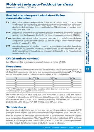 Robinetterie pour l'adduction d'eau 
(extrait de EN 1074-1) 
PN : désignation alphanumérique utilisée à des fins de références et concernant une 
combinaison de caractéristiques mécaniques et dimensionnelles d'un composant 
de réseau de tuyauteries. Il comprend les lettres PN suivies par un nombre entier 
sans unité (EN 1333). 
PFA : pression de fonctionnement admissible : pression hydrostatique maximale à laquelle 
un composant est capable de résister de façon permanente en service (EN 805). 
PMA : pression maximale admissible : pression maximale (y compris le coup de bélier) 
à laquelle un composant est capable de résister lorsqu'il y est soumis de temps 
à autre en service (EN 805). 
PEA : pression d'épreuve admissible : pression hydrostatique maximale à laquelle un 
composant nouvellement mis en oeuvre est capable de résister pendant un laps 
de temps relativement court afin de s'assurer de l'intégrité et de l'étanchéité de 
la conduite (EN 805). 
PN Ps = PFA(1) bar PMA(1) bar PEA(2) bar 
6 6 8 12 
10 10 12 17 
16 16 20 25 
25 25 30 35 
(1) PFA et PMA s’appliquent aux appareils dans toutes les positions d’ouverture et de fermeture. 
(2) PEA ne s’applique qu’aux appareils en position fermée. 
GUIDE DE LA ROBINETTERIE INDUSTRIELLE • 49 
RAPPEL DES PRINCIPALES 
EXIGENCES NORMATIVES 
3 
Précision sur les particularités utilisées 
dans ce domaine 
DN (diamètre nominal) 
Les DN doivent être choisis parmi ceux définis dans la norme EN 805. 
Pressions 
Les appareils de robinetterie destinés aux réseaux d'eau relèvent de la désignation PN 
et doivent être conçus de telle sorte que leurs pressions caractéristiques Ps, PFA, PMA 
et PEA soient conformes au tableau ci-dessous pour le PN correspondant. 
Les valeurs de PMA et PEA indiquées dans le tableau ci-dessus étant des valeurs 
minimales, le fabricant peut annoncer dans ses catalogues des valeurs plus élevées, sous 
réserve que les prescriptions de la présente norme aient été vérifiées avec ces valeurs 
plus élevées. Dans ce cas, PEA doit être supérieur à PMA + 5 bar. 
Température 
Les appareils de robinetterie sont conçus pour des températures de service allant de 0°C 
(sans gel) à 50°C et pour des températures de stockage comprises entre -20°C et 70°C. 
Pour les appareils de robinetterie en matériau dont le comportement mécanique dépend 
de la température, les pressions PFA, PMA et PEA doivent être établies à 20°C et, le cas 
échéant, le détimbrage (relation pression-température) pour des températures plus élevées 
doit être indiqué dans les normes de produits et / ou par le fabricant. 
 