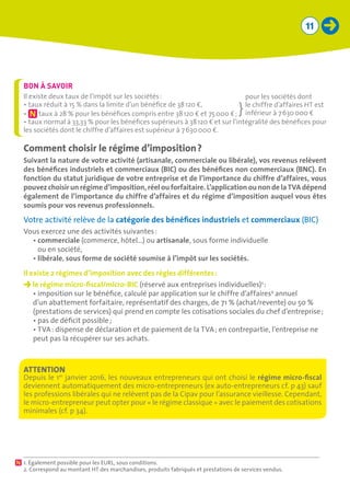 11
Comment choisir le régime d’imposition ?
Suivant la nature de votre activité (artisanale, commerciale ou libérale), vos revenus relèvent
des bénéfices industriels et commerciaux (BIC) ou des bénéfices non commerciaux (BNC). En
fonction du statut juridique de votre entreprise et de l’importance du chiffre d’affaires, vous
pouvez choisir un régime d’imposition, réel ou forfaitaire. L’application ou non de la TVA dépend
également de l’importance du chiffre d’affaires et du régime d’imposition auquel vous êtes
soumis pour vos revenus professionnels.
Votre activité relève de la catégorie des bénéfices industriels et commerciaux (BIC)
Vous exercez une des activités suivantes :
•	commerciale (commerce, hôtel…) ou artisanale, sous forme individuelle
ou en société,
•	libérale, sous forme de société soumise à l’impôt sur les sociétés.
Il existe 2 régimes d’imposition avec des règles différentes :
le régime micro-fiscal/micro-BIC (réservé aux entreprises individuelles)1
 :
•	imposition sur le bénéfice, calculé par application sur le chiffre d’affaires2
annuel
d’un abattement forfaitaire, représentatif des charges, de 71 % (achat/revente) ou 50 %
(prestations de services) qui prend en compte les cotisations sociales du chef d’entreprise ;
•	pas de déficit possible ;
•	TVA : dispense de déclaration et de paiement de la TVA ; en contrepartie, l’entreprise ne
peut pas la récupérer sur ses achats.
Il existe deux taux de l’impôt sur les sociétés :
•	taux réduit à 15 % dans la limite d’un bénéfice de 38 120 €,
•	 taux à 28 % pour les bénéfices compris entre 38 120 € et 75 000 € ;
•	taux normal à 33,33 % pour les bénéfices supérieurs à 38 120 € et sur l’intégralité des bénéfices pour
les sociétés dont le chiffre d’affaires est supérieur à 7 630 000 €.
BON À SAVOIR
1. Également possible pour les EURL, sous conditions.
2. Correspond au montant HT des marchandises, produits fabriqués et prestations de services vendus.
ATTENTION
Depuis le 1er
janvier 2016, les nouveaux entrepreneurs qui ont choisi le régime micro-fiscal
deviennent automatiquement des micro-entrepreneurs (ex auto-entrepreneurs cf. p 43) sauf
les professions libérales qui ne relèvent pas de la Cipav pour l’assurance vieillesse. Cependant,
le micro-entrepreneur peut opter pour « le régime classique » avec le paiement des cotisations
minimales (cf. p 34).
pour les sociétés dont
le chiffre d’affaires HT est
inférieur à 7 630 000 €}
 