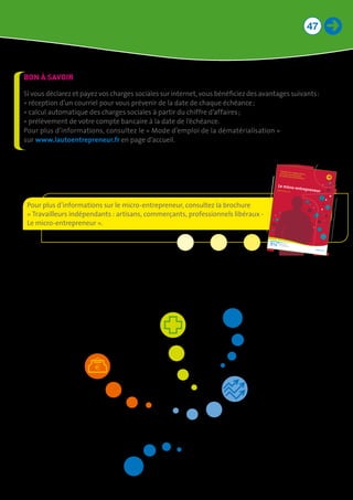 47
Pour plus d’informations sur le micro-entrepreneur, consultez la brochure
« Travailleurs indépendants : artisans, commerçants, professionnels libéraux -
Le micro-entrepreneur ».
Le	micro-entrepreneurÉdition février 2017
Travailleurs indépendants :artisans,commerçantset professionnels libéraux
Édition:CaissenationaleduRSI-Miseàjour:Parimage-Dépôtlégal:mars2017-GEN.09.2017
.01-
10-31-1863
-ImpriméparMartinenq
Imp.surdupapierissudeforêtsgéréesdurablemen
t.
Si vous déclarez et payez vos charges sociales sur internet, vous bénéficiez des avantages suivants :
•	réception d’un courriel pour vous prévenir de la date de chaque échéance ;
•	calcul automatique des charges sociales à partir du chiffre d’affaires ;
•	prélèvement de votre compte bancaire à la date de l’échéance.
Pour plus d’informations, consultez le « Mode d’emploi de la dématérialisation »
sur www.lautoentrepreneur.fr en page d’accueil.
BON À SAVOIR
 