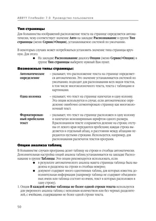 A B BY Y Fi n e Re a d e r 7 . 0 Ру ко в о д ст в о п ол ь з о в а т е л я



Тип страницы
Для большинства изображений расположение текста на странице определяется автома
тически, чему соответствует значение Авто на закладке Распознавание в группе Тип
страницы (меню Сервис>Опции), устанавливаемое системой по умолчанию.

В некоторых случаях может потребоваться установить значение типа страницы вруч
ную. Для этого:
           G На закладке Распознавание диалога Опции (меню Сервис>Опции) в
                группе Тип страницы выберите нужный Вам пункт.
Возможные типы страницы:
  Автоматическое               – указывает, что расположение текста на странице определяет
  определение                    ся автоматически. Это значение устанавливается системой по
                                 умолчанию; подходит для распознавания всех видов текстов,
                                 в том числе многоколоночного текста, текста с таблицами и
                                 картинками.
  Одна колонка                 – указывает, что текст на странице напечатан в одну колонку.
                                 Эта опция используется в случае, если автоматическое опре
                                 деление ошибочно сегментировало страницу как многоколо
                                 ночный текст.
  Форматирован                 – указывает, что текст на странице расположен в одну колонку
  ный пробелами                  и напечатан моноширинным шрифтом одного размера.
  текст                          В распознанном тексте сохраняется деление на строки; отсту
                                 пы от левого края передаются пробелами; каждая строка вы
                                 деляется в отдельный абзац, и расстояния между абзацами пе
                                 редаются пустыми строками. Используется, например, для
                                 распознавания распечаток текстов программ.
Опции анализа таблиц
В большинстве случаев программа делит таблицу на строки и столбцы автоматически.
Дополнительная настройка опций анализа таблиц устанавливается на закладке Распоз
навание в группе Таблицы. Эти опции рекомендуется использовать, если:
             G в результате автоматического анализа макета страницы таблица была вы
                делена и разделена на строки и столбцы неверно;
             G документ содержит много однотипных таблиц, для которых известна до
                полнительная информация (например: таблица не содержит объединен
                ных ячеек или таблица состоит из ячеек, текст в которых расположен в
                одну строку).
1. Опция В каждой ячейке таблицы не более одной строки текста используется
   для уверенного анализа таблиц с неполным количеством или без черных разделите
   лей, с ячейками, содержащими не более одной строки текста.


50
 
