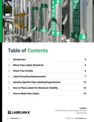2 Pipe Marking Guide 1-855-484-7266 | www.LabelMax.com
Table of Contents
1 Introduction 3
2 Where Pipe Labels Should Go 4
3 Check Your Facility 6
4 Label Formatting Requirements 7
5 Industry-Specific Pipe Labeling Requirements 13
6 How to Place Labels for Maximum Visibility 14
7 How to Make Pipe Labels 15
LabelMax
17475 SW 63rd Ave, Lake Oswego, OR 97035
1-855-484-7266
 