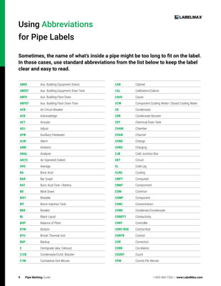 9 Pipe Marking Guide 1-855-484-7266 | www.LabelMax.com
Using Abbreviations
for Pipe Labels
ABED Aux. Building Equipment Drains
ABEDT Aux. Building Equipment Drain Tank
ABFD Aux. Building Floor Drain
ABFDT Aux. Building Floor Drain Train
ACB Air Circuit Breaker
ACK Acknowledge
ACT Actuate
ADJ Adjust
AFW Auxiliary Feedwater
ALM Alarm
AMB Ambient
ANAL Analyzer
AO(V) Air Operated (Valve)
AVG Average
BA Boric Acid
BAR Bar Graph
BAT Boric Acid Tank / Battery
BD Blow Down
BIST Bistable
BIT Boron Injection Tank
BKR Breaker
BL Black Liquid
BOP Balance of Plant
BTM Bottom
BTU British Thermal Unit
BUP Backup
C Centigrade (aka. Celsius)
C/CB Condensate/Cond. Booster
C1M Cumulative One Minute
Sometimes, the name of what’s inside a pipe might be too long to fit on the label.
In those cases, use standard abbreviations from the list below to keep the label
clear and easy to read.
CAB Cabinet
CAL Calibration/Calorie
CAUS Cause
CCW Component Cooling Water/ Closed Cooling Water
CD Condensate
CDB Condensate Booster
CDT Chemical Drain Tank
CHAM Chamber
CHAN Channel
CHNG Change
CHRG Charging
CJB Cold Junction Box
CKT Circuit
CL Cold Leg
CLNG Cooling
CMPT Computed
CNMT Containment
COM Common
COMP Component
CONC Concentration
COND Condenser/Condensate
CONDTY Conductivity
CONT Controller
CONT ROD Control Rod
CONTR Control
COR Correction
CORR Correlation
COUNT Count
CPM Counts Per Minute
 