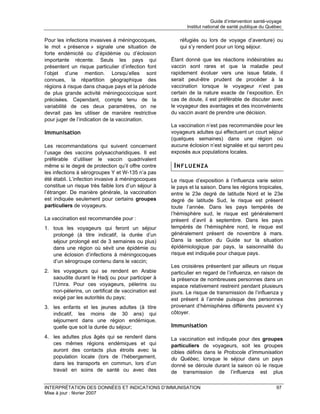 Guide d’intervention santé-voyage
                                                            Institut national de santé publique du Québec

Pour les infections invasives à méningocoques,          réfugiés ou lors de voyage d’aventure) ou
le mot « présence » signale une situation de            qui s’y rendent pour un long séjour.
forte endémicité ou d’épidémie ou d’éclosion
importante récente. Seuls les pays qui               Étant donné que les réactions indésirables au
présentent un risque particulier d’infection font    vaccin sont rares et que la maladie peut
l’objet d’une mention. Lorsqu’elles sont             rapidement évoluer vers une issue fatale, il
connues, la répartition géographique des             serait peut-être prudent de procéder à la
régions à risque dans chaque pays et la période      vaccination lorsque le voyageur n’est pas
de plus grande activité méningococcique sont         certain de la nature exacte de l’exposition. En
précisées. Cependant, compte tenu de la              cas de doute, il est préférable de discuter avec
variabilité de ces deux paramètres, on ne            le voyageur des avantages et des inconvénients
devrait pas les utiliser de manière restrictive      du vaccin avant de prendre une décision.
pour juger de l’indication de la vaccination.
                                                     La vaccination n’est pas recommandée pour les
Immunisation                                         voyageurs adultes qui effectuent un court séjour
                                                     (quelques semaines) dans une région où
Les recommandations qui suivent concernent           aucune éclosion n’est signalée et qui seront peu
l’usage des vaccins polysaccharidiques. Il est       exposés aux populations locales.
préférable d’utiliser le vaccin quadrivalent
même si le degré de protection qu’il offre contre     INFLUENZA
les infections à sérogroupes Y et W-135 n’a pas
été établi. L’infection invasive à méningocoques     Le risque d’exposition à l’influenza varie selon
constitue un risque très faible lors d’un séjour à   le pays et la saison. Dans les régions tropicales,
l’étranger. De manière générale, la vaccination      entre le 23e degré de latitude Nord et le 23e
est indiquée seulement pour certains groupes         degré de latitude Sud, le risque est présent
particuliers de voyageurs.                           toute l’année. Dans les pays tempérés de
                                                     l’hémisphère sud, le risque est généralement
La vaccination est recommandée pour :                présent d’avril à septembre. Dans les pays
1. tous les voyageurs qui feront un séjour           tempérés de l’hémisphère nord, le risque est
   prolongé (à titre indicatif, la durée d’un        généralement présent de novembre à mars.
   séjour prolongé est de 3 semaines ou plus)        Dans la section du Guide sur la situation
   dans une région où sévit une épidémie ou          épidémiologique par pays, la saisonnalité du
   une éclosion d’infections à méningocoques         risque est indiquée pour chaque pays.
   d’un sérogroupe contenu dans le vaccin;
                                                     Les croisières présentent par ailleurs un risque
2. les voyageurs qui se rendent en Arabie            particulier en regard de l’influenza, en raison de
   saoudite durant le Hadj ou pour participer à      la présence de nombreuses personnes dans un
   l’Umra. Pour ces voyageurs, pèlerins ou           espace relativement restreint pendant plusieurs
   non-pèlerins, un certificat de vaccination est    jours. Le risque de transmission de l’influenza y
   exigé par les autorités du pays;                  est présent à l’année puisque des personnes
3. les enfants et les jeunes adultes (à titre        provenant d’hémisphères différents peuvent s’y
   indicatif, les moins de 30 ans) qui               côtoyer.
   séjournent dans une région endémique,
   quelle que soit la durée du séjour;               Immunisation
4. les adultes plus âgés qui se rendent dans         La vaccination est indiquée pour des groupes
   ces mêmes régions endémiques et qui               particuliers de voyageurs, soit les groupes
   auront des contacts plus étroits avec la          cibles définis dans le Protocole d’immunisation
   population locale (lors de l’hébergement,         du Québec, lorsque le séjour dans un pays
   dans les transports en commun, lors d’un          donné se déroule durant la saison où le risque
   travail en soins de santé ou avec des             de transmission de l’influenza est plus

INTERPRÉTATION DES DONNÉES ET INDICATIONS D’IMMUNISATION                                               97
Mise à jour : février 2007
 