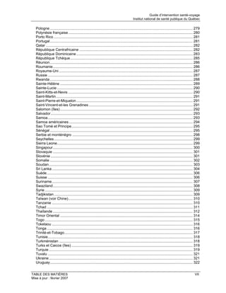 Guide d’intervention santé-voyage
                                                                                               Institut national de santé publique du Québec

   Pologne ............................................................................................................................................ 279
   Polynésie française .......................................................................................................................... 280
   Porto Rico ........................................................................................................................................ 281
   Portugal............................................................................................................................................ 281
   Qatar ................................................................................................................................................ 282
   République Centrafricaine ............................................................................................................... 282
   République Dominicaine .................................................................................................................. 283
   République Tchèque ........................................................................................................................ 285
   Réunion............................................................................................................................................ 286
   Roumanie......................................................................................................................................... 286
   Royaume-Uni ................................................................................................................................... 287
   Russie .............................................................................................................................................. 287
   Rwanda ............................................................................................................................................ 288
   Sainte-Hélène .................................................................................................................................. 289
   Sainte-Lucie ..................................................................................................................................... 290
   Saint-Kitts-et-Nevis .......................................................................................................................... 290
   Saint-Martin...................................................................................................................................... 291
   Saint-Pierre-et-Miquelon .................................................................................................................. 291
   Saint-Vincent-et-les Grenadines ...................................................................................................... 291
   Salomon (îles) .................................................................................................................................. 292
   Salvador ........................................................................................................................................... 293
   Samoa.............................................................................................................................................. 293
   Samoa américaines ......................................................................................................................... 294
   Sao Tomé et Principe....................................................................................................................... 295
   Sénégal ............................................................................................................................................ 295
   Serbie et monténégro ...................................................................................................................... 298
   Seychelles........................................................................................................................................ 299
   Sierra Leone..................................................................................................................................... 299
   Singapour......................................................................................................................................... 300
   Slovaquie ......................................................................................................................................... 301
   Slovénie ........................................................................................................................................... 301
   Somalie ............................................................................................................................................ 302
   Soudan............................................................................................................................................. 303
   Sri Lanka .......................................................................................................................................... 304
   Suède............................................................................................................................................... 306
   Suisse .............................................................................................................................................. 306
   Suriname.......................................................................................................................................... 307
   Swaziland......................................................................................................................................... 308
   Syrie ................................................................................................................................................. 309
   Tadjikistan ........................................................................................................................................ 309
   Taïwan (voir Chine).......................................................................................................................... 310
   Tanzanie .......................................................................................................................................... 310
   Tchad ............................................................................................................................................... 311
   Thaïlande ......................................................................................................................................... 312
   Timor Oriental .................................................................................................................................. 314
   Togo ................................................................................................................................................. 315
   Tokelaou .......................................................................................................................................... 316
   Tonga ............................................................................................................................................... 316
   Trinité-et-Tobago.............................................................................................................................. 317
   Tunisie.............................................................................................................................................. 318
   Turkménistan ................................................................................................................................... 318
   Turks et Caicos (îles) ....................................................................................................................... 319
   Turquie ............................................................................................................................................. 319
   Tuvalu .............................................................................................................................................. 321
   Ukraine............................................................................................................................................. 321
   Uruguay............................................................................................................................................ 322


TABLE DES MATIÈRES                                                                                                                                       VII
Mise à jour : février 2007
 