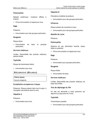 Guide d’intervention santé-voyage
Biélorussie (Bélarus)                                                 Institut national de santé publique du Québec

                                                               Hépatite B
Poliomyélite
                                                               Prévalence modérée de porteurs.
Maladie endémique :          incidence         difficile   à
évaluer.                                                       • Immunisation pour des groupes particuliers.
• Primo-immunisation et rappel pour tous.
                                                               Influenza
Rage
                                                               Risque présent de novembre à mars.
Présence.                                                      • Immunisation pour des groupes particuliers.
• Immunisation pour des groupes particuliers.
                                                               Maladie de Lyme
Rougeole
                                                               Présence.
Risque élevé.
                                                               Poliomyélite
• Immunisation          de   base         et      groupes
   particuliers.                                               Absence de cas, élimination récente; risque
                                                               faible ou potentiel.
Services médicaux
                                                               • Primo-immunisation et rappel pour tous.
Limités. Disponibilité des produits médicaux
                                                               Rage
parfois limitée.
                                                               Présence.
Typhoïde
                                                               • Immunisation pour groupes particuliers.
Risque de transmission élevé.
                                                               Rougeole
• Immunisation pour tous.
                                                               Risque faible.
 B I É L O R U S S I E (B É L A R U S )
                                                               • Immunisation de base.

 Fièvre jaune                                                  Services médicaux
 Aucune exigence.
                                                               Limités. Disponibilité des produits médicaux de
Encéphalite européenne à tiques                                base très limitée.


Présence. Risque présent dans tout le pays, à                  Test de dépistage du VIH
l'exception des districts dans le nord.
                                                               Un test est demandé à toute personne qui
Hépatite A                                                     séjourne au pays plus de 3 mois.


Présence.                                                      Typhoïde

• Immunisation pour tous.                                      Transmission possible.

                                                               • Immunisation pour des groupes particuliers.




SITUATION ÉPIDÉMIOLOGIQUE ET                                                                                     133
RECOMMANDATION PAR PAYS
Mise à jour : février 2007
 