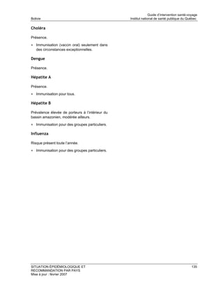 Guide d’intervention santé-voyage
Bolivie                                          Institut national de santé publique du Québec

Choléra

Présence.

• Immunisation (vaccin oral) seulement dans
   des circonstances exceptionnelles.

Dengue

Présence.

Hépatite A

Présence.

• Immunisation pour tous.

Hépatite B

Prévalence élevée de porteurs à l’intérieur du
bassin amazonien, modérée ailleurs.

• Immunisation pour des groupes particuliers.

Influenza

Risque présent toute l’année.

• Immunisation pour des groupes particuliers.




SITUATION ÉPIDÉMIOLOGIQUE ET                                                                135
RECOMMANDATION PAR PAYS
Mise à jour : février 2007
 