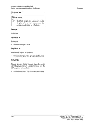 Guide d’intervention santé-voyage
Institut national de santé publique du Québec                            Botswana


 BOTSWANA

 Fièvre jaune

        Certificat exigé des voyageurs âgés
        de plus d’un an en provenance de
        zones d’endémicité ou infectées.

Dengue

Présence.

Hépatite A

Présence.

• Immunisation pour tous.

Hépatite B

Prévalence élevée de porteurs.

• Immunisation pour des groupes particuliers.

Influenza

Risque présent toute l’année dans la partie
nord du pays et d’avril à septembre au sud du
23e degré de latitude Sud.

• Immunisation pour des groupes particuliers.




138                                             SITUATION ÉPIDÉMIOLOGIQUE ET
                                                  RECOMMANDATIONS PAR PAYS
                                                         Mise à jour : février 2007
 