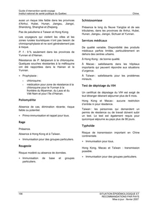 Guide d’intervention santé-voyage
Institut national de santé publique du Québec                                                   Chine

aussi un risque très faible dans les provinces       Schistosomiase
d’Anhui, Hubei, Hunan, Jiangsu, Jiangxi,
Shandong, Shanghai et Zhejiang.                      Présence le long du fleuve Yangtze et de ses
                                                     tributaires, dans les provinces de Anhui, Hubei,
Pas de paludisme à Taiwan et Hong Kong.
                                                     Hunan, Jiangsu, Jiangxi, Sichuan et Yunnan.
Les voyageurs qui visitent les villes et les
zones rurales touristiques n’ont pas besoin de       Services médicaux
chimioprophylaxie et ne sont généralement pas
à risque.                                            De qualité variable. Disponibilité des produits
P. f. : 9 % seulement dans les provinces de          médicaux parfois limitée, particulièrement en
Yunnan et d’Hainan.                                  dehors des centres urbains.

Résistance de P. falciparum à la chloroquine.        À Hong Kong : de bonne qualité.
Quelques souches résistantes à la méfloquine         À Macao : satisfaisants dans les hôpitaux
ont été rapportées dans le Hainan et le              importants qui peuvent répondre aux situations
Yunnan.                                              d’urgence.
• Prophylaxie :                                      À Taïwan : satisfaisants pour les problèmes
                                                     mineurs.
   •      chloroquine;
   •      médication pour zone de résistance à la    Test de dépistage du VIH
          chloroquine pour le Yunnan à la
          frontière du Myanmar, du Laos et du
          Viêt Nam et pour l’île d’Hainan.           Un certificat de dépistage du VIH est exigé de
                                                     tout étranger désirant séjourner plus de 6 mois.
Poliomyélite                                         Hong Kong et Macao :          aucune   restriction
                                                     d’entrée ni pour résidence.
Absence de cas, élimination récente; risque
faible ou potentiel.                                 Taiwan : les personnes qui demandent un
                                                     permis de résidence ou de travail doivent subir
• Primo-immunisation et rappel pour tous.            un test. Le test est également requis pour
                                                     quiconque séjourne au pays plus de 90 jours.
Rage
                                                     Typhoïde
Présence.
                                                     Risque de transmission important en Chine
Absence à Hong Kong et à Taïwan.
                                                     continentale.
• Immunisation pour des groupes particuliers.
                                                     • Immunisation pour tous.
Rougeole
                                                     Hong Kong, Macao et Taïwan : transmission
                                                     possible.
Risque modéré ou absence de données.
                                                     • Immunisation pour des groupes particuliers.
• Immunisation        de    base     et    groupes
      particuliers.




156                                                                SITUATION ÉPIDÉMIOLOGIQUE ET
                                                                     RECOMMANDATIONS PAR PAYS
                                                                            Mise à jour : février 2007
 
