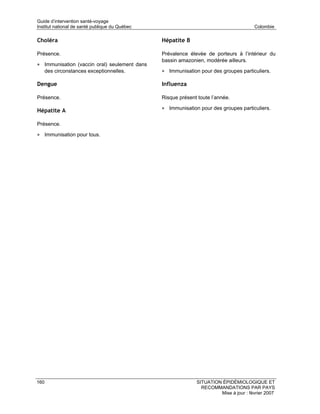 Guide d’intervention santé-voyage
Institut national de santé publique du Québec                                          Colombie

Choléra                                         Hépatite B

Présence.                                       Prévalence élevée de porteurs à l’intérieur du
                                                bassin amazonien, modérée ailleurs.
• Immunisation (vaccin oral) seulement dans
      des circonstances exceptionnelles.        • Immunisation pour des groupes particuliers.

Dengue                                          Influenza

Présence.                                       Risque présent toute l’année.

Hépatite A                                      • Immunisation pour des groupes particuliers.

Présence.

• Immunisation pour tous.




160                                                           SITUATION ÉPIDÉMIOLOGIQUE ET
                                                                RECOMMANDATIONS PAR PAYS
                                                                       Mise à jour : février 2007
 