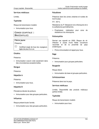 Guide d’intervention santé-voyage
Congo (capitale : Brazzaville)                           Institut national de santé publique du Québec

Services médicaux                                Paludisme

Limités.                                         Présence dans les zones urbaines et rurales de
                                                 tout le pays.
Typhoïde
                                                 P.f. : 90 %.
Risque de transmission modéré.                   Résistance du P. falciparum à la chloroquine et à
                                                 la sulfadoxine-pyriméthamine.
• Immunisation pour tous.
                                                 • Prophylaxie :    médication pour         zone     de
 CONGO (CAPITALE :                                  résistance à la chloroquine.
 BRAZZAVILLE)                                    Poliomyélite

 Fièvre jaune                                    Dernier cas signalé en 2000. Risque de ré-
 Présence.                                       infection à cause d’une faible couverture
                                                 vaccinale et de la proximité de pays
        Certificat exigé de tous les voyageurs   endémiques.
        âgés de plus d’un an.
                                                 • Primo-immunisation et rappel pour tous.
Choléra                                          Rage
Présence.                                        Présence.
• Immunisation (vaccin oral) seulement dans      • Immunisation pour groupes particuliers.
   des circonstances exceptionnelles.
                                                 Rougeole
Dengue
                                                 Risque élevé.
Présence.
                                                 • Immunisation de base et groupes particuliers.
Hépatite A
                                                 Schistosomiase
Présence.
                                                 Présence dans tout le pays.
• Immunisation pour tous.
                                                 Services médicaux
Hépatite B
                                                 Limités. Disponibilité des produits médicaux
Prévalence élevée de porteurs.                   parfois limitée.
• Immunisation pour des groupes particuliers.
                                                 Typhoïde
Influenza
                                                 Risque de transmission modéré.
Risque présent toute l’année.                    • Immunisation pour tous.
• Immunisation pour des groupes particuliers.




SITUATION ÉPIDÉMIOLOGIQUE ET                                                                        163
RECOMMANDATION PAR PAYS
Mise à jour : février 2007
 
