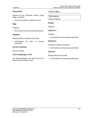 Guide d’intervention santé-voyage
Costa Rica                                             Institut national de santé publique du Québec

Poliomyélite                                     COSTA RICA
Absence de cas, élimination récente; risque
                                                 Fièvre jaune
faible ou potentiel.
                                                 Aucune exigence.
• Primo-immunisation et rappel pour tous.
                                                Dengue
Rage
                                                Présence.
Présence.

• Immunisation pour des groupes particuliers.   Hépatite A

Rougeole                                        Présence.

                                                • Immunisation pour des groupes particuliers.
Risque modéré ou absence de données.

• Immunisation      de   base   et   groupes    Hépatite B
   particuliers.
                                                Prévalence modérée de porteurs.
Services médicaux
                                                • Immunisation pour des groupes particuliers.
De bonne qualité.
                                                Influenza
Test de dépistage du VIH
                                                Risque présent toute l’année.
Les artistes étrangers avec séjour de plus de   • Immunisation pour des groupes particuliers.
90 jours doivent passer un test.




SITUATION ÉPIDÉMIOLOGIQUE ET                                                                      167
RECOMMANDATION PAR PAYS
Mise à jour : février 2007
 