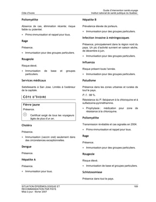 Guide d’intervention santé-voyage
Côte d’Ivoire                                             Institut national de santé publique du Québec

Poliomyélite                                      Hépatite B

Absence de cas, élimination récente; risque       Prévalence élevée de porteurs.
faible ou potentiel.
                                                  • Immunisation pour des groupes particuliers.
• Primo-immunisation et rappel pour tous.
                                                  Infection invasive à méningocoques
Rage
                                                  Présence, principalement dans la région nord du
Présence.                                         pays. Un pic d’activité survient en saison sèche,
                                                  de décembre à juin.
• Immunisation pour des groupes particuliers.
                                                  • Immunisation pour des groupes particuliers.
Rougeole
                                                  Influenza
Risque élevé.
                                                  Risque présent toute l’année.
• Immunisation       de   base   et     groupes
   particuliers.                                  • Immunisation pour des groupes particuliers.

Services médicaux                                 Paludisme

Satisfaisants à San Jose. Limités à l’extérieur   Présence dans les zones urbaines et rurales de
de la capitale.                                   tout le pays.
                                                  P. f. : 88 %.
 C Ô T E D ’I V O I R E
                                                  Résistance du P. falciparum à la chloroquine et à
                                                  sulfadoxine-pyriméthamine.
 Fièvre jaune
 Présence.                                        • Prophylaxie :    médication pour         zone     de
                                                     résistance à la chloroquine.
        Certificat exigé de tous les voyageurs
        âgés de plus d’un an.                     Poliomyélite

Choléra                                           Transmission ré-établie et cas signalés en 2004.

                                                  • Primo-immunisation et rappel pour tous.
Présence.

• Immunisation (vaccin oral) seulement dans       Rage
   des circonstances exceptionnelles.
                                                  Présence.
Dengue                                            • Immunisation pour des groupes particuliers.
Présence.                                         Rougeole
Hépatite A                                        Risque élevé.

Présence.                                         • Immunisation de base et groupes particuliers.
• Immunisation pour tous.                         Schistosomiase

                                                  Présence dans tout le pays.


SITUATION ÉPIDÉMIOLOGIQUE ET                                                                         169
RECOMMANDATION PAR PAYS
Mise à jour : février 2007
 