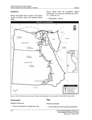 Guide d’intervention santé-voyage
Institut national de santé publique du Québec                                                                    Égypte

Paludisme                                                      Aucun risque dans les principales régions
                                                               touristiques, ni au cours de croisières sur le Nil.
Risque très faible dans la région d’El Faiyûm                  P. f. : moins de 1 %.
de juin à octobre. Aucun cas rapporté depuis
                                                               • Prophylaxie : aucune.
1998.




Source : Guide d’intervention santé-voyage. Situation épidémiologique et recommandations 1999. MSSS. Révisée 2007.


Poliomyélite                                                   Rage

Maladie endémique.                                             Présence probable.
• Primo-immunisation et rappel pour tous.                      • Immunisation pour des groupes particuliers.

174                                                                              SITUATION ÉPIDÉMIOLOGIQUE ET
                                                                                   RECOMMANDATIONS PAR PAYS
                                                                                          Mise à jour : février 2007
 