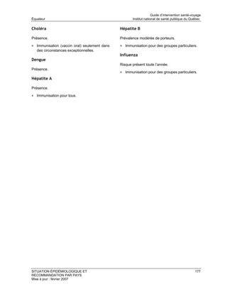 Guide d’intervention santé-voyage
Équateur                                             Institut national de santé publique du Québec

Choléra                                       Hépatite B

Présence.                                     Prévalence modérée de porteurs.

• Immunisation (vaccin oral) seulement dans   • Immunisation pour des groupes particuliers.
   des circonstances exceptionnelles.
                                              Influenza
Dengue
                                              Risque présent toute l’année.
Présence.
                                              • Immunisation pour des groupes particuliers.
Hépatite A

Présence.

• Immunisation pour tous.




SITUATION ÉPIDÉMIOLOGIQUE ET                                                                    177
RECOMMANDATION PAR PAYS
Mise à jour : février 2007
 