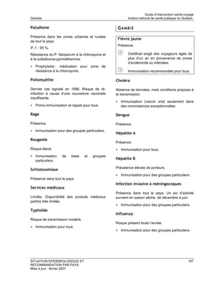 Guide d’intervention santé-voyage
Gambie                                                   Institut national de santé publique du Québec

Paludisme                                          GAMBIE
Présence dans les zones urbaines et rurales
                                                   Fièvre jaune
de tout le pays.
                                                   Présence.
P. f. : 95 %.
Résistance du P. falciparum à la chloroquine et          Certificat exigé des voyageurs âgés de
à la sulfadoxine-pyriméthamine.                          plus d’un an en provenance de zones
                                                         d’endémicité ou infectées.
• Prophylaxie : médication pour zone de
   résistance à la chloroquine.                          Immunisation recommandée pour tous.

Poliomyélite                                      Choléra

Dernier cas signalé en 1996. Risque de ré-        Absence de données, mais conditions propices à
infection à cause d’une couverture vaccinale      la transmission.
insuffisante.
                                                  • Immunisation (vaccin oral) seulement dans
• Primo-immunisation et rappel pour tous.            des circonstances exceptionnelles.

Rage                                              Dengue

Présence.                                         Présence.
• Immunisation pour des groupes particuliers.
                                                  Hépatite A
Rougeole
                                                  Présence.
Risque élevé.                                     • Immunisation pour tous.
• Immunisation      de    base    et   groupes
                                                  Hépatite B
   particuliers.
                                                  Prévalence élevée de porteurs.
Schistosomiase
                                                  • Immunisation pour des groupes particuliers.
Présence dans tout le pays.
                                                  Infection invasive à méningocoques
Services médicaux
                                                  Présence dans tout le pays. Un pic d’activité
Limités. Disponibilité des produits médicaux      survient en saison sèche, de décembre à juin.
parfois très limitée.
                                                  • Immunisation pour des groupes particuliers.
Typhoïde
                                                  Influenza
Risque de transmission modéré.
                                                  Risque présent toute l’année.
• Immunisation pour tous.
                                                  • Immunisation pour des groupes particuliers.




SITUATION ÉPIDÉMIOLOGIQUE ET                                                                        187
RECOMMANDATION PAR PAYS
Mise à jour : février 2007
 