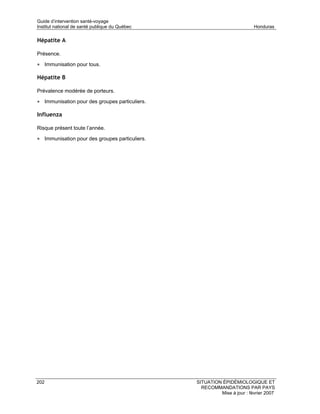 Guide d’intervention santé-voyage
Institut national de santé publique du Québec                            Honduras

Hépatite A

Présence.

• Immunisation pour tous.

Hépatite B

Prévalence modérée de porteurs.

• Immunisation pour des groupes particuliers.

Influenza

Risque présent toute l’année.

• Immunisation pour des groupes particuliers.




202                                             SITUATION ÉPIDÉMIOLOGIQUE ET
                                                  RECOMMANDATIONS PAR PAYS
                                                         Mise à jour : février 2007
 