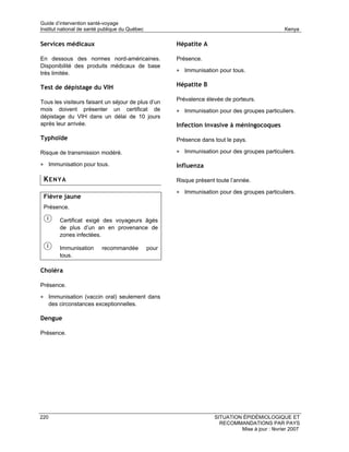 Guide d’intervention santé-voyage
Institut national de santé publique du Québec                                                    Kenya

Services médicaux                                      Hépatite A

En dessous des normes nord-américaines.                Présence.
Disponibilité des produits médicaux de base
très limitée.                                          • Immunisation pour tous.

Test de dépistage du VIH                               Hépatite B

Tous les visiteurs faisant un séjour de plus d’un      Prévalence élevée de porteurs.
mois doivent présenter un certificat de                • Immunisation pour des groupes particuliers.
dépistage du VIH dans un délai de 10 jours
après leur arrivée.                                    Infection invasive à méningocoques

Typhoïde                                               Présence dans tout le pays.

Risque de transmission modéré.                         • Immunisation pour des groupes particuliers.

• Immunisation pour tous.                              Influenza

 KENYA                                                 Risque présent toute l’année.

                                                       • Immunisation pour des groupes particuliers.
 Fièvre jaune
 Présence.

          Certificat exigé des voyageurs âgés
          de plus d’un an en provenance de
          zones infectées.

          Immunisation    recommandée           pour
          tous.

Choléra

Présence.

• Immunisation (vaccin oral) seulement dans
      des circonstances exceptionnelles.

Dengue

Présence.




220                                                                  SITUATION ÉPIDÉMIOLOGIQUE ET
                                                                       RECOMMANDATIONS PAR PAYS
                                                                              Mise à jour : février 2007
 