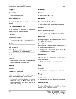 Guide d’intervention santé-voyage
Institut national de santé publique du Québec                                                      Laos

Rougeole                                           Hépatite A

Risque faible.                                     Présence.

• Immunisation de base.                            • Immunisation pour tous.

Services médicaux                                  Hépatite B

De bonne qualité dans les centres privés et        Prévalence élevée de porteurs.
publics.
                                                   • Immunisation pour des groupes particuliers.
Test de dépistage du VIH
                                                   Influenza
Toute personne qui demande un permis de
résidence doit se soumettre au test.               Risque présent toute l’année.

                                                   • Immunisation pour des groupes particuliers.
Typhoïde
                                                   Paludisme
Transmission possible.

• Immunisation pour des groupes particuliers.      Présence dans tout le pays sauf dans la ville de
                                                   Vieng-Chan (Vientiane).
 LAOS                                              P. f. : 97 %.
                                                   Résistance de P. falciparum à la chloroquine et à
 Fièvre jaune                                      la sulfadoxine-pyriméthamine.

          Certificat exigé des voyageurs en        • Prophylaxie :    médication pour       zone     de
          provenance de zones infectées.              résistance à la chloroquine.

Choléra                                            Poliomyélite

Présence.                                          Absence de cas, élimination récente; risque
                                                   faible ou potentiel.
• Immunisation (vaccin oral) seulement dans
      des circonstances exceptionnelles.           • Primo-immunisation et rappel pour tous.

Dengue                                             Rage

Présence.                                          Présence.

                                                   • Immunisation pour des groupes particuliers.
Encéphalite japonaise
                                                   Rougeole
Présence en milieu rural. Dans le Nord, le
risque est plus élevé entre mai et octobre.        Risque élevé.
• Immunisation pour des groupes particuliers       • Immunisation de base et groupes particuliers.
      séjournant dans le Nord entre mai et
      octobre ou dans le Sud, quelle que soit la   Schistosomiase
      période de l’année.
                                                   Présence à Paksé, Bassac et sur l'île de Khong,
                                                   situées le long du fleuve Mekong.

224                                                                SITUATION ÉPIDÉMIOLOGIQUE ET
                                                                     RECOMMANDATIONS PAR PAYS
                                                                            Mise à jour : février 2007
 