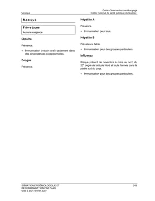 Guide d’intervention santé-voyage
Mexique                                                Institut national de santé publique du Québec


 MEXIQUE                                      Hépatite A

                                              Présence.
 Fièvre jaune
 Aucune exigence.                             • Immunisation pour tous.

                                              Hépatite B
Choléra
                                              Prévalence faible.
Présence.
                                              • Immunisation pour des groupes particuliers.
• Immunisation (vaccin oral) seulement dans
  des circonstances exceptionnelles.
                                              Influenza
Dengue
                                              Risque présent de novembre à mars au nord du
                                              23e degré de latitude Nord et toute l’année dans la
Présence.
                                              partie sud du pays.

                                              • Immunisation pour des groupes particuliers.




SITUATION ÉPIDÉMIOLOGIQUE ET                                                                      243
RECOMMANDATION PAR PAYS
Mise à jour : février 2007
 