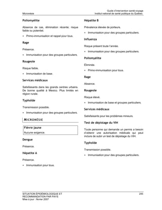 Guide d’intervention santé-voyage
Micronésie                                               Institut national de santé publique du Québec

Poliomyélite                                     Hépatite B

Absence de cas, élimination récente; risque      Prévalence élevée de porteurs.
faible ou potentiel.
                                                 • Immunisation pour des groupes particuliers.
• Primo-immunisation et rappel pour tous.
                                                 Influenza
Rage
                                                 Risque présent toute l’année.
Présence.
                                                 • Immunisation pour des groupes particuliers.
• Immunisation pour des groupes particuliers.
                                                 Poliomyélite
Rougeole
                                                 Éliminée.
Risque faible.
                                                 • Primo-immunisation pour tous.
• Immunisation de base.
                                                 Rage
Services médicaux
                                                 Absence.
Satisfaisants dans les grands centres urbains.
De bonne qualité à Mexico. Plus limités en       Rougeole
région rurale.
                                                 Risque élevé.
Typhoïde
                                                 • Immunisation de base et groupes particuliers.
Transmission possible.
                                                 Services médicaux
• Immunisation pour des groupes particuliers.
                                                 Satisfaisants pour les problèmes mineurs.
 MICRONÉSIE
                                                 Test de dépistage du VIH
 Fièvre jaune
                                                 Toute personne qui demande un permis a besoin
 Aucune exigence.                                d’obtenir une autorisation médicale qui peut
                                                 inclure de subir un test de dépistage du VIH.
Dengue
                                                 Typhoïde
Présence.
                                                 Transmission possible.
Hépatite A
                                                 • Immunisation pour des groupes particuliers.
Présence.

• Immunisation pour tous.




SITUATION ÉPIDÉMIOLOGIQUE ET                                                                        245
RECOMMANDATION PAR PAYS
Mise à jour : février 2007
 
