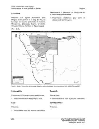 Guide d’intervention santé-voyage
Institut national de santé publique du Québec                                                                   Namibie

                                                               Résistance de P. falciparum à la chloroquine et à
Paludisme
                                                               la sulfadoxine-pyriméthamine.
Présence aux régions frontalières avec                         • Prophylaxie :     médication pour            zone   de
l’Angola et la Zambie et le long des fleuves                       résistance à la chloroquine.
Kawango et Kunene (provinces de Kunene,
Ohangwena, Okavango, Caprivi, Omaheke,
Omusati, Oshana, Oshikoto et Otjozondjupa)
P. f. : 90 %.




Source : Guide d’intervention santé-voyage. Situation épidémiologique et recommandations 1999. MSSS. Révisée 2007.


Poliomyélite                                                   Rougeole

Éclosion en 2006 dans la région de Windhoek.                   Risque élevé.

• Primo-immunisation et rappel pour tous.                      • Immunisation de base et groupes particuliers.

Rage                                                           Schistosomiase

Présence.                                                      Présence.

• Immunisation pour des groupes particuliers.



252                                                                              SITUATION ÉPIDÉMIOLOGIQUE ET
                                                                                   RECOMMANDATIONS PAR PAYS
                                                                                          Mise à jour : février 2007
 