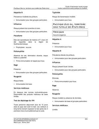 Guide d’intervention santé-voyage
Pacifique (îles du, territoire sous tutelle des États-Unis)          Institut national de santé publique du Québec

Hépatite B                                                    Typhoïde

Prévalence modérée de porteurs.                               Risque de transmission modéré.

• Immunisation pour des groupes particuliers.                 • Immunisation pour tous.

Influenza                                                      PACIFIQUE (ÎLES DU, TERRITOIRE
                                                               S O U S T U T E L L E D E S É T A T S -U N I S )
Risque présent de novembre à mars.

• Immunisation pour des groupes particuliers.                  Fièvre jaune

Paludisme                                                      Aucune exigence.

Des cas sporadiques de malaria à P. vivax ont                 Hépatite A
été   rapportés    dans   la    région     de
Surkhandarinskaya.                                            Présence.

• Prophylaxie : aucune.                                       • Immunisation pour tous.

Poliomyélite                                                  Hépatite B

Absence de cas, élimination récente; risque                   Prévalence élevée de porteurs.
faible ou potentiel.                                          • Immunisation pour des groupes particuliers.
• Primo-immunisation et rappel pour tous.
                                                              Influenza
Rage
                                                              Risque présent toute l’année.
Présence.                                                     • Immunisation pour des groupes particuliers.
• Immunisation pour des groupes particuliers.
                                                              Poliomyélite
Rougeole
                                                              Éliminée.
Risque faible.                                                • Primo-immunisation pour tous.
• Immunisation de base.
                                                              Rage
Services médicaux
                                                              Absence.
En dessous des normes nord-américaines.
Disponibilité des produits médicaux de base                   Rougeole
limitée.
                                                              Risque modéré ou absence de données.
Test de dépistage du VIH                                      • Immunisation de base et groupes particuliers.
Toute personne séjournant plus de 15 jours                    Services médicaux
dans le pays doit subir le test. Les visiteurs à
long terme doivent repasser le test après les 3               Limités.
premiers mois et annuellement par la suite.



SITUATION ÉPIDÉMIOLOGIQUE ET                                                                                    263
RECOMMANDATION PAR PAYS
Mise à jour : février 2007
 