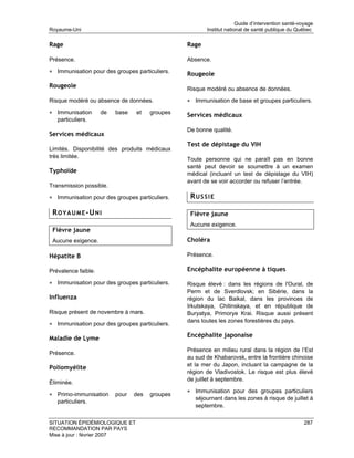 Guide d’intervention santé-voyage
Royaume-Uni                                             Institut national de santé publique du Québec

Rage                                             Rage

Présence.                                        Absence.

• Immunisation pour des groupes particuliers.    Rougeole
Rougeole                                         Risque modéré ou absence de données.

Risque modéré ou absence de données.             • Immunisation de base et groupes particuliers.
• Immunisation       de   base   et    groupes   Services médicaux
   particuliers.
                                                 De bonne qualité.
Services médicaux
                                                 Test de dépistage du VIH
Limités. Disponibilité des produits médicaux
très limitée.
                                                 Toute personne qui ne paraît pas en bonne
                                                 santé peut devoir se soumettre à un examen
Typhoïde                                         médical (incluant un test de dépistage du VIH)
                                                 avant de se voir accorder ou refuser l’entrée.
Transmission possible.

• Immunisation pour des groupes particuliers.     RUSSIE

 R O Y A U M E -U N I                             Fièvre jaune
                                                  Aucune exigence.
 Fièvre jaune
 Aucune exigence.                                Choléra

Hépatite B                                       Présence.

Prévalence faible.                               Encéphalite européenne à tiques

• Immunisation pour des groupes particuliers.    Risque élevé : dans les régions de l'Oural, de
                                                 Perm et de Sverdlovsk; en Sibérie, dans la
Influenza                                        région du lac Baikal, dans les provinces de
                                                 Irkutskaya, Chitinskaya, et en république de
Risque présent de novembre à mars.               Buryatya, Primorye Krai. Risque aussi présent
                                                 dans toutes les zones forestières du pays.
• Immunisation pour des groupes particuliers.

Maladie de Lyme                                  Encéphalite japonaise

                                                 Présence en milieu rural dans la région de l’Est
Présence.
                                                 au sud de Khabarovsk, entre la frontière chinoise
                                                 et la mer du Japon, incluant la campagne de la
Poliomyélite
                                                 région de Vladivostok. Le risque est plus élevé
                                                 de juillet à septembre.
Éliminée.
                                                 • Immunisation pour des groupes particuliers
• Primo-immunisation      pour   des   groupes
                                                    séjournant dans les zones à risque de juillet à
   particuliers.
                                                    septembre.

SITUATION ÉPIDÉMIOLOGIQUE ET                                                                       287
RECOMMANDATION PAR PAYS
Mise à jour : février 2007
 