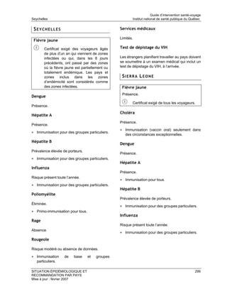 Guide d’intervention santé-voyage
Seychelles                                                Institut national de santé publique du Québec


 SEYCHELLES                                       Services médicaux

                                                  Limités.
 Fièvre jaune

        Certificat exigé des voyageurs âgés       Test de dépistage du VIH
        de plus d’un an qui viennent de zones
        infectées ou qui, dans les 6 jours        Les étrangers planifiant travailler au pays doivent
        précédents, ont passé par des zones       se soumettre à un examen médical qui inclut un
        où la fièvre jaune est partiellement ou   test de dépistage du VIH, à l’arrivée.
        totalement endémique. Les pays et
        zones inclus dans les zones                SIERRA LEONE
        d’endémicité sont considérés comme
        des zones infectées.                       Fièvre jaune
                                                   Présence.
Dengue
                                                         Certificat exigé de tous les voyageurs.
Présence.
                                                  Choléra
Hépatite A
                                                  Présence.
Présence.
                                                  • Immunisation (vaccin oral) seulement dans
• Immunisation pour des groupes particuliers.
                                                     des circonstances exceptionnelles.
Hépatite B
                                                  Dengue
Prévalence élevée de porteurs.
                                                  Présence.
• Immunisation pour des groupes particuliers.
                                                  Hépatite A
Influenza
                                                  Présence.
Risque présent toute l’année.
                                                  • Immunisation pour tous.
• Immunisation pour des groupes particuliers.
                                                  Hépatite B
Poliomyélite
                                                  Prévalence élevée de porteurs.
Éliminée.
                                                  • Immunisation pour des groupes particuliers.
• Primo-immunisation pour tous.
                                                  Influenza
Rage
                                                  Risque présent toute l’année.
Absence.
                                                  • Immunisation pour des groupes particuliers.
Rougeole

Risque modéré ou absence de données.

• Immunisation      de    base    et   groupes
   particuliers.

SITUATION ÉPIDÉMIOLOGIQUE ET                                                                         299
RECOMMANDATION PAR PAYS
Mise à jour : février 2007
 