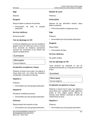 Guide d’intervention santé-voyage
Slovaquie                                                    Institut national de santé publique du Québec

Rage                                                 Maladie de Lyme

Absence.                                             Présence.

Rougeole                                             Poliomyélite

Risque modéré ou absence de données.                 Absence de cas, élimination récente; risque
                                                     faible ou potentiel.
• Immunisation       de    base    et    groupes
   particuliers.                                     • Primo-immunisation et rappel pour tous.

Services médicaux                                    Rage

De bonne qualité.                                    Présence.

Test de dépistage du VIH                             • Immunisation pour des groupes particuliers.

Le test est obligatoire pour tous les travailleurs
                                                     Rougeole
gagnant moins de 1250 $ par mois au moment
d’une demande de résidence permanente                Risque faible.
(excluant les conjoint(e)s et les enfants des        • Immunisation de base.
citoyens singapouriens).
                                                     Services médicaux
 SLOVAQUIE
                                                     De qualité variable.
 Fièvre jaune
                                                     Test de dépistage du VIH
 Aucune exigence.
                                                     Toute personne qui demande un visa de
Encéphalite européenne à tiques                      résidence permanente ou à long terme doit subir
                                                     le test.
Présence à travers tout le pays. Les régions à
risque élevé sont : les monts des Carpathes           SLOVÉNIE
occidentales, et le bassin du Danube.

Hépatite A                                            Fièvre jaune
                                                      Aucune exigence.
Présence.

• Immunisation pour des groupes particuliers.        Encéphalite européenne à tiques

Hépatite B                                           Présence à travers tout le pays. Les régions à
                                                     risque élevé sont : Ljubljana et Celje; également
Prévalence modérée de porteurs.                      Kranje et Trzic (région alpine), Ribnica et
                                                     Kocevje (sud), Maribor (nord-est) et entre les
• Immunisation pour des groupes particuliers.        rivières Drava et Sava.

Influenza                                            Hépatite A

Risque présent de novembre à mars.                   Présence.

• Immunisation pour des groupes particuliers.        • Immunisation pour des groupes particuliers.

SITUATION ÉPIDÉMIOLOGIQUE ET                                                                            301
RECOMMANDATION PAR PAYS
Mise à jour : février 2007
 