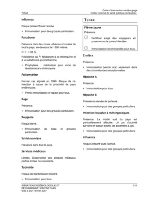 Guide d’intervention santé-voyage
Tchad                                                   Institut national de santé publique du Québec

Influenza                                          TCHAD
Risque présent toute l’année.
                                                   Fièvre jaune
• Immunisation pour des groupes particuliers.      Présence.

Paludisme                                                Certificat exigé des voyageurs en
                                                         provenance de zones infectées.
Présence dans les zones urbaines et rurales de
tout le pays, en-dessous de 1800 mètres.
                                                         Immunisation recommandée pour tous.
P. f. : > 85 %.
Résistance du P. falciparum à la chloroquine et   Choléra
à la sulfadoxine-pyriméthamine.
                                                  Présence.
• Prophylaxie : médication pour zone de
   résistance à la chloroquine.                   • Immunisation (vaccin oral) seulement dans
                                                     des circonstances exceptionnelles.
Poliomyélite
                                                  Hépatite A
Dernier cas signalé en 1996. Risque de ré-
infection à cause de la proximité de pays         Présence.
endémiques.                                       • Immunisation pour tous.
• Primo-immunisation et rappel pour tous.
                                                  Hépatite B
Rage
                                                  Prévalence élevée de porteurs.
Présence.                                         • Immunisation pour des groupes particuliers.
• Immunisation pour des groupes particuliers.
                                                  Infection invasive à méningocoques
Rougeole
                                                  Présence. La moitié sud du pays est
Risque élevé.                                     particulièrement affectée. Un pic d’activité
                                                  survient en saison sèche, de décembre à juin.
• Immunisation      de    base    et   groupes
   particuliers.                                  • Immunisation pour des groupes particuliers.

Schistosomiase                                    Influenza

Présence dans tout le pays.                       Risque présent toute l’année.

                                                  • Immunisation pour des groupes particuliers.
Services médicaux

Limités. Disponibilité des produits médicaux
parfois limitée ou inexistante.

Typhoïde

Risque de transmission modéré.

• Immunisation pour tous.

SITUATION ÉPIDÉMIOLOGIQUE ET                                                                       311
RECOMMANDATION PAR PAYS
Mise à jour : février 2007
 