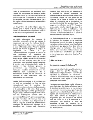 Guide d’intervention santé-voyage
                                                              Institut national de santé publique du Québec

Même si l’azithromycine est sécuritaire chez           possibles avec, entre autres, les inhibiteurs de
l’enfant, son efficacité est très inférieure à celle   la protéase et certains inhibiteurs non
de la méfloquine, de l’atovaquone-proguanil et         nucléosidiques de la transcriptase inverse mais
de la doxycycline. Son emploi ne devrait donc          l’importance clinique de cette interaction est
être envisagé que dans de rares cas où il y a          inconnue. Si le risque le justifie, on pourra
des contre-indications aux autres antipaludéens        utiliser la méfloquine ou la doxycycline, en
plus efficaces.                                        surveillant la toxicité des antirétroviraux. Pour
                                                       les personnes infectées par le VIH, l’usage de
La doxycycline est contre-indiquée pour les            la doxycycline est plus répandu que celui de la
enfants âgés de moins de 8 ans car elle peut           méfloquine. Si on utilise la méfloquine, il est
causer une diminution de la croissance osseuse         préférable de la commencer au moins 3
et une décoloration permanente des dents.              semaines à l’avance afin d’évaluer sa toxicité et
                                                       la fonction hépatique avant le départ.
Le voyageur infecté par le VIH
                                                       Les voyageurs infectés par le VIH qui prennent
La stricte observance des mesures de
                                                       un inhibiteur de protéase ou la delavirdine
protection personnelle contre les piqûres de
                                                       devraient être informés du risque de toxicité par
moustiques représente la meilleure barrière
                                                       interaction médicamenteuse avec l’halofantrine
contre le paludisme. Ces mesures sont simples
                                                       (antipaludéen qui pourrait leur être offert à
et sans effets secondaires. Puisqu’un épisode
                                                       l’étranger pour le traitement d’un épisode
clinique de malaria augmente le risque de
                                                       fébrile). Une interaction médicamenteuse est
progression       du       VIH-1,       et    que
                                                       aussi possible avec luméfantrine qui est utilisé
l’immunosuppression augmente le risque de
forte    parasitémie     lors    d’infection   par     en combinaison avec artéméther (Coartem® ou
Plasmodium (avec risque accru de malaria               Riamet®).
sévère et de décès), les personnes infectées
par le VIH qui voyagent dans des zones                  MÉDICAMENTS
endémiques pour la malaria auraient avantage
à prendre une chimioprophylaxie contre la
                                                       Atovaquone-proguanil (Malarone®)
malaria. Il faut toutefois prendre en
considération      les    interactions     médica-
                                                       L’atovaquone est un hydroxynaphtoquinone de
menteuses possibles (notamment avec les
                                                       longue      demi-vie   (50-70    heures).    Ce
inhibiteurs    non     nucléosidiques      de   la
                                                       médicament n’est pas métabolisé par le foie. En
transcriptase inverse et les inhibiteurs de
                                                       prévention ou traitement du paludisme, il
protéase) et une consultation avec un
                                                       s’utilise en association fixe avec le proguanil,
spécialiste est recommandée.
                                                       une biguanide, avec lequel il a une action
L’usage de la chloroquine et du proguanil, qui         synergique schizonticide.
ne sont pas métabolisés au foie, ne pose
                                                       L’atovaquone-proguanil s’est révélé efficace en
habituellement pas de problème. Une
                                                       prophylaxie dans des études effectuées auprès
interaction médicamenteuse entre l’atova-quone
                                                       de populations semi-immunes et non immunes
et la zidovudine a été notée chez un petit
                                                       (est considéré non immun celui qui n’a pas été
groupe de patients prenant 1,5 g d’atovaquone
                                                       exposé récemment et de façon prolongée, voire
par jour (ce qui est nettement plus élevé que les
                                                       répétée, à la malaria). C’est un médicament de
250 mg d’atovaquone compris dans le
                                                       choix (tout comme la méfloquine et la
comprimé de Malarone®). L’importance clinique          doxycycline) pour les voyageurs se rendant
de cette interaction est inconnue mais il est          dans les zones où il y a résistance à la
prudent de surveiller plus fréquemment la              chloroquine. Son efficacité a aussi été
formule sanguine, surtout lors d’administration        démontrée le long des frontières de la
prolongée. Le métabolisme hépatique de la              Thaïlande (zones de résistance à la chloroquine
méfloquine fait craindre des interactions              et à la méfloquine).


PRÉVENTION DU PALUDISME                                                                                   63
Mise à jour : février 2007
 