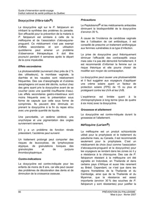Guide d’intervention santé-voyage
Institut national de santé publique du Québec


Doxycycline (Vibra-tabs®)                             Précautions

                                                      Le Peptobismol® et les médicaments antiacides
La doxycycline agit sur le P. falciparum en
                                                      diminuent la biodisponibilité de la doxycycline
inhibant la synthèse des protéines du parasite.
                                                      d’environ 35 %.
Son efficacité pour la prévention de la malaria à
P. falciparum est similaire à celle de la             À cause de l’incidence de candidose vaginale
méfloquine et de l’association d’atovaquone-          liée à l’utilisation de cet antibiotique, il est
proguanil. Ce médicament n’est pas exempt             conseillé de prescrire un traitement antifongique
d’effets   secondaires     et   son     utilisation   aux femmes vulnérables à ce type d’infection.
quotidienne peut amener un problème
d’observance thérapeutique. Il doit être              La prise de doxycycline peut théoriquement
poursuivi pendant 4 semaines après le départ          diminuer l’efficacité des contraceptifs oraux
de la zone impaludée.                                 mais cela n’a pas été démontré formellement. Il
                                                      est recommandé d’informer la femme sur ce
Effets secondaires                                    risque théorique et elle pourra choisir de
La photosensibilité (survenant chez près de 2 %       modifier son moyen de contraception.
des utilisateurs), la moniliase vaginale, la
diarrhée et les nausées sont relativement             La doxycycline peut causer une photosensibilité
fréquentes. Des cas d’œsophagite et d’ulcères         et il faut suggérer aux voyageurs d’appliquer
œsophagiens ont aussi été décrits, surtout chez       une crème solaire ayant un facteur de
des gens ayant pris la doxycycline avant de se        protection solaire (FPS) de 15 ou plus et
coucher (avec une quantité insuffisante d’eau).       protégeant contre les UVA et les UVB.
Les effets secondaires gastro-intestinaux sont
moins fréquents avec la présentation sous             L’expérience    est    limitée   quant  à   la
forme de capsule que celle sous forme de              chimioprophylaxie à long terme (plus de quatre
comprimés. Ils peuvent être diminués en               à six mois) avec la doxycycline.
prenant la doxycycline à la fin du repas et/ou
avec une grande quantité de liquide.                  Grossesse et allaitement
                                                      La doxycycline est contre-indiquée durant la
Une pancréatite, un œdème cérébral, une               grossesse et l’allaitement.
onycholyse et une pigmentation des ongles
surviennent rarement.
                                                      Méfloquine (Lariam®)
S’il y a un problème de fonction rénale
                                                      La méfloquine est un produit schizonticide
préexistant, l’azotémie peut survenir.
                                                      utilisé pour la prophylaxie et le traitement du
                                                      paludisme mais, au Canada, il est recommandé
Un traitement prolongé peut comporter des
                                                      seulement pour la prophylaxie. C’est un
risques de leucocytose, de lymphocytose
                                                      médicament de choix (tout comme l’association
atypique, de granulations toxiques des
                                                      d’atovaquone-proguanil et la doxycycline) pour
granulocytes      et      de      purpura
                                                      les voyageurs se rendant dans les zones où il y
thrombocytopénique.
                                                      a résistance à la chloroquine. Des cas de P.
Contre-indications                                    falciparum résistant à la méfloquine ont été
                                                      signalés en Indonésie, en Thaïlande et dans
La doxycycline est contre-indiquée pour les           certains pays d’Afrique et aussi très rarement
enfants de moins de 8 ans, car elle peut causer       au Brésil. Cependant, ce n’est que dans les
des problèmes de décoloration des dents et de         régions frontalières de la Thaïlande et du
diminution de la croissance osseuse.                  Cambodge, ainsi que de la Thaïlande et du
                                                      Myanmar, que la résistance est assez
                                                      importante (environ 30 % des souches de P.
                                                      falciparum y sont résistantes) pour justifier la


66                                                                      PRÉVENTION DU PALUDISME
                                                                             Mise à jour : février 2007
 