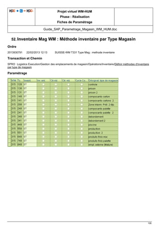Projet virtuel WM-HUM
Phase : Réalisation
Fiches de Paramétrage
Guide_SAP_Parametrage_Magasin_WM_HUM.doc
106
52. Inventaire Mag WM : Méthode inventaire par Type Magasin
Ordre
2013930791 22/02/2013 12:13 SUISSE-WM T331 Type Mag : methode inventaire
Transaction et Chemin
SPRO Logistics Execution/Gestion des emplacements de magasin/Opérations/Inventaire/Définir méthodes d'inventaire
par type de magasin
Paramétrage
 