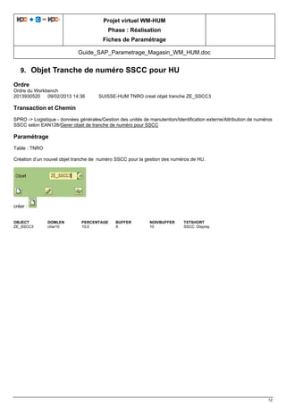 Projet virtuel WM-HUM
Phase : Réalisation
Fiches de Paramétrage
Guide_SAP_Parametrage_Magasin_WM_HUM.doc
12
9. Objet Tranche de numéro SSCC pour HU
Ordre
Ordre du Workbench
2013930520 09/02/2013 14:36 SUISSE-HUM TNRO creat objet tranche ZE_SSCC3
Transaction et Chemin
SPRO -> Logistique - données générales/Gestion des unités de manutention/Identification externe/Attribution de numéros
SSCC selon EAN128/Gerer objet de tranche de numéro pour SSCC
Paramétrage
Table : TNRO
Création d’un nouvel objet tranche de numéro SSCC pour la gestion des numéros de HU.
créer :
OBJECT DOMLEN PERCENTAGE BUFFER NOIVBUFFER TXTSHORT
ZE_SSCC3 char10 10,0 X 10 SSCC Dispray
 