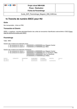 Projet virtuel WM-HUM
Phase : Réalisation
Fiches de Paramétrage
Guide_SAP_Parametrage_Magasin_WM_HUM.doc
13
10. Tranche de numéro SSCC pour HU
Ordre
Non transportable , à faire en PRD.
Transaction et Chemin
SPRO -> Logistique - données générales/Gestion des unités de manutention /Identification externe/Attrib n°SSCC/Gerer
objet de tranche de numéro pour SSCC
Paramétrage
Table : NRIV
Gestion des numéros de contenants avant :
n° de contenant en interne = 4000000000 à 4099999999 pour Magasin Central
n° de contenant en externe = 4100000000 à 4199999999 pour MES
Gestion des numéros de contenants maintenant :
n° de contenant en interne = 4200000000 à 4299999999 pour Magasin Central
n° de contenant en externe = 2000000000 à 4199999999 pour Le Vaudreuil + MES
(2000000000 à 2999999999 pour Le Vaudreuil)
(4100000000 à 4199999999 pour MES)
OBJECT SUBOBJECT NRRANGENR FROMNUMBER TONUMBER NRLEVEL Extern
ZE_SSCC3 01 2000000000 4199999999 X
ZE_SSCC3 02 4200000000 4299999999 4200000000
 