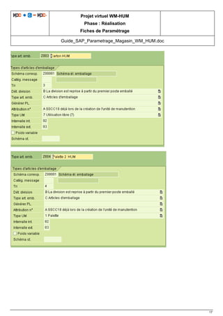 Projet virtuel WM-HUM
Phase : Réalisation
Fiches de Paramétrage
Guide_SAP_Parametrage_Magasin_WM_HUM.doc
17
 