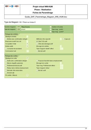 Projet virtuel WM-HUM
Phase : Réalisation
Fiches de Paramétrage
Guide_SAP_Parametrage_Magasin_WM_HUM.doc
29
Type de Magasin 130 : Prison au niveau 0
 