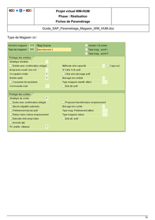 Projet virtuel WM-HUM
Phase : Réalisation
Fiches de Paramétrage
Guide_SAP_Parametrage_Magasin_WM_HUM.doc
36
Type de Magasin 341
 