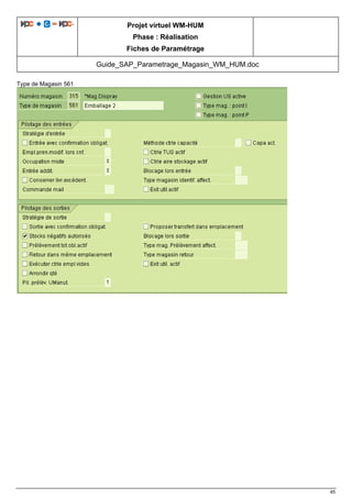 Projet virtuel WM-HUM
Phase : Réalisation
Fiches de Paramétrage
Guide_SAP_Parametrage_Magasin_WM_HUM.doc
45
Type de Magasin 561
 