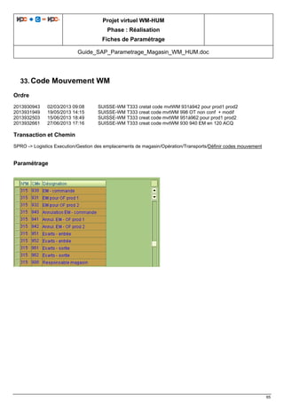Projet virtuel WM-HUM
Phase : Réalisation
Fiches de Paramétrage
Guide_SAP_Parametrage_Magasin_WM_HUM.doc
65
33. Code Mouvement WM
Ordre
2013930943 02/03/2013 09:08 SUISSE-WM T333 cretat code mvtWM 931à942 pour prod1 prod2
2013931949 19/05/2013 14:15 SUISSE-WM T333 creat code mvtWM 998 OT non conf + modif
2013932503 15/06/2013 18:49 SUISSE-WM T333 creat code mvtWM 951à962 pour prod1 prod2
2013932661 27/06/2013 17:16 SUISSE-WM T333 creat code mvtWM 930 940 EM en 120 ACQ
Transaction et Chemin
SPRO -> Logistics Execution/Gestion des emplacements de magasin/Opération/Transports/Définir codes mouvement
Paramétrage
 