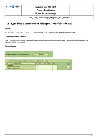 Projet virtuel WM-HUM
Phase : Réalisation
Fiches de Paramétrage
Guide_SAP_Parametrage_Magasin_WM_HUM.doc
78
35. Type Mag : Mouvement Réappro, interface PP-WM
Ordre
2013930961 02/03/2013 18:02 SUISSE-WM T331 Type Mag Mvt Reapprop Interface PP
Transaction et Chemin
SPRO Logistique - données générales/ Gestion des unités de manutention/ Bases/ Gestion des emplacements de
magasin/ Définir production
Paramétrage
 