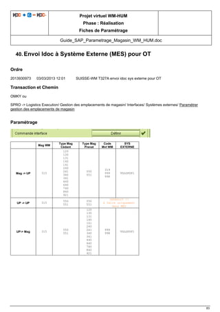 Projet virtuel WM-HUM
Phase : Réalisation
Fiches de Paramétrage
Guide_SAP_Parametrage_Magasin_WM_HUM.doc
83
40. Envoi Idoc à Système Externe (MES) pour OT
Ordre
2013930973 03/03/2013 12:01 SUISSE-WM T327A envoi idoc sys externe pour OT
Transaction et Chemin
OMKY ou
SPRO -> Logistics Execution/ Gestion des emplacements de magasin/ Interfaces/ Systèmes externes/ Paramétrer
gestion des emplacements de magasin
Paramétrage
Mag WM
Type Mag
Cédant
Type Mag
Prenat
Code
Mvt WM
SYS
EXTERNE
Mag -> UP 315
120
130
131
140
141
240
241
340
341
440
640
740
840
921
550
551
319
999
998
VGLGPSP1
UP -> UP 315
550
551
550
551
INTERDIT !!
à faire uniquement
dans MES
UP-> Mag 315
550
551
120
130
131
140
141
240
241
340
341
440
640
740
840
921
999
998
VGLGPSP1
 