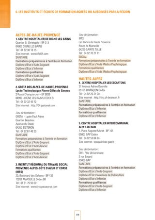 114
6. LES INSTITUTS ET éCOLES DE FORMATION AGRéés ou autorisés par LA RéGION
ALPES-DE-HAUTE-PROVENCE
1. Centre Hospitalier de Digne Les Bains
Quartier St Christophe - BP 213
04003 DIGNE LES BAINS
Tél : 04 92 30 16 15
Site internet : www.ifsi04.com
SANITAIRE
Formations préparatoires à l’entrée en formation
Diplôme d’État d’Aide-Soignant
Diplôme d’État d’Infirmier
Formations qualifiantes
Diplôme d’État d’Aide-Soignant
Diplôme d’État d’Infirmier
2. GRETA des Alpes-de-Haute-Provence
Lycée Technologique Pierre Gilles de Gennes
2 Route Champtercier – BP 9039
04990 - DIGNE LES BAINS CEDEX 9	
Tél : 04 92 32 45 72
Site internet : http://04.gretanet.com
Lieu de formation :
GRETA - Lycée Paul Arène
Quartier Beaulieu
Avenue du Stade
04200 SISTERON
Tél : 04 92 61 46 29
SANITAIRE
Formations préparatoires à l’entrée en formation
Diplôme d’État d’Aide-Soignant
Diplôme d’État d’Ambulancier
Formations qualifiantes
Diplôme d’État d’Aide-Soignant
Diplôme d’État d’Ambulancier
3. Institut Régional du Travail Social
Provence-Alpes-Côte d’Azur et Corse
(IRTS)
20, Boulevard des Salyens - BP 133	
13267 MARSEILLE Cedex 08		
Tél : 04 91 76 92 00
Site internet : www.irts.pacacorse.com
Lieu de formation :
IRTS
Les Portes de Haute Provence
Route de Marseille
04220 SAINTE TULLE
Tél : 04 92 70 21 71
SOCIAL
Formations préparatoires à l’entrée en formation
Diplôme d’État d’Aide Médico Psychologique
Formations qualifiantes
Diplôme d’État d’Aide Médico Psychologique
HAUTES-ALPES
4 . Centre Hospitalier Les Escartons
21 Avenue Adrien Daurelle
05105 BRIANÇON Cedex	
Tél : 04 92 25 21 00
Site internet : http://ifsi.ch-briancon.fr
SANITAIRE
Formations préparatoires à l’entrée en formation
Diplôme d’État d’Infirmier
Formations qualifiantes
Diplôme d’État d’Infirmier
5. Centre Hospitalier Intercommunal
Alpes du Sud
1, Place Auguste Muret - BP 101
05007 GAP Cedex
Tél : 04 92 53 84 84
Site internet : www.chicas-gap.fr
Lieu de formation :
CHI - Pôle Universitaire
2 rue Bayard
05000 GAP
SANITAIRE
Formations préparatoires à l’entrée en formation
Diplôme d’État d’Aide-Soignant
Diplôme d’État d’Auxiliaire de Puériculture
Diplôme d’État d’Infirmier
Formations qualifiantes
Diplôme d’État d’Aide-Soignant
Diplôme d’État d’Infirmier
 