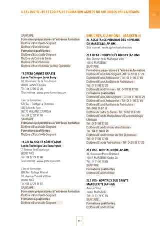 117
SANITAIRE
Formations préparatoires à l’entrée en formation
Diplôme d’État d’Aide-Soignant
Diplôme d’État d’Infirmier
Formations qualifiantes
Diplôme d’État d’Aide-Soignant
Diplôme de Cadre de Santé
Diplôme d’État d’Infirmier
Diplôme d’État d’Infirmier de Bloc Opératoire
18.GRETA Cannes Grasse
Lycée Technique Jules Ferry
82, Boulevard de la République
06402 CANNES Cedex
Tél : 04 93 06 52 28
Site internet : www.greta-formation.com
Lieu de formation :
GRETA - Collège La Chesnaie
330 Allée du Parc
06370 MOUANS SARTOUX
Tél : 04 92 92 91 10
SANITAIRE
Formations préparatoires à l’entrée en formation
Diplôme d’État d’Aide-Soignant
Formations qualifiantes
Diplôme d’État d’Aide-Soignant
19.GRETA Nice et Côte d’Azur
Lycée Technique Les Eucalyptus
7, Avenue des Eucalyptus
06200 NICE
Tél : 04 92 29 40 80
Site internet : www.greta-nice.com
Lieu de formation :
GRETA - Collège Mistral
59, Avenue Yvonne Vittone
06200 NICE
Tél : 04 92 29 39 92
SANITAIRE	
Formations préparatoires à l’entrée en formation
Diplôme d’État d’Aide-Soignant
Formations qualifiantes
Diplôme d’État d’Aide-Soignant 	
BOUCHES-DU-RHÔNE - MARSEILLE
20. ASSISTANCE PUBLIQUE DES HOPITAUX
DE MARSEILLE (AP-HM)	
Site internet : www.ap-hm/portail-ecoles
20.1 IRFSS - HOUPHOUËT BOIGNY (AP-HM)
416, Chemin de la Madrague Ville
13015 MARSEILLE
SANITAIRE
Formations préparatoires à l’entrée en formation
Diplôme d’État d’Aide-Soignant -Tél : 04 91 96 67 29
Diplôme d’État d’Ambulancier - Tél : 04 91 96 67 65
Diplôme d’État d’Auxiliaire de Puériculture -
Tél : 04 91 96 67 20
Diplôme d’État d’Infirmier - Tél : 04 91 96 67 80
Formations qualifiantes
Diplôme d’État d’Aide-Soignant - Tél : 04 91 96 67 29
Diplôme d’État d’Ambulancier - Tél : 04 91 96 67 65
Diplôme d’État d’Auxiliaire de Puériculture -
Tél : 0491 96 67 18
Diplôme de Cadre de Santé - Tél : 04 91 96 67 80
Diplôme d’État de Manipulateur d’électroradiologie
Médicale
Tél : 04 91 96 67 50
Diplôme d’État d’Infirmier Anesthésiste -
Tél : 04 91 96 67 46
Diplôme d’État d’Infirmier de Bloc Opératoire -
Tél : 04 91 96 67 46
Diplôme d’État de Puéricultrice - Tél : 04 91 96 67 20
20.2 IFSI - HOPITAL NORD (AP-HM)
34, Boulevard Pierre Dramard
13915 MARSEILLE Cedex 20	
Tél : 04 91 96 80 85
SANITAIRE
Formations qualifiantes
Diplôme d’État d’Infirmier
20.3 IFSI - HOPITAUX SUD SAINTE
MARGUERITE (AP-HM)
Avenue Viton
13009 MARSEILLE
Tél : 04 91 74 47 05
SANITAIRE	
Formations qualifiantes
Diplôme d’État d’Infirmier
6. LES INSTITUTS ET éCOLES DE FORMATION AGRéés ou autorisés par LA RéGION
 