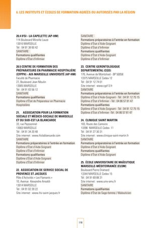 118
6. LES INSTITUTS ET éCOLES DE FORMATION AGRéés ou autorisés par LA RéGION
20.4 IFSI - LA CAPELETTE (AP-HM)
114 Boulevard Mireille Lauze
13010 MARSEILLE	
Tél : 04 91 38 60 42
SANITAIRE	
Formations qualifiantes
Diplôme d’État d’Infirmier
20.5 CENTRE DE FORMATION DES
Préparateurs EN PHARMACIE Hospitalière
(CFPPH) - AIX-MARSEILLE Université (AP-HM)
Faculté de Pharmacie
27, Boulevard Jean Moulin
13005 MARSEILLE
Tél : 04 91 83 56 12
SANITAIRE
Formations qualifiantes
Diplôme d’État de Préparateur en Pharmacie
Hospitalière
21.	 ASSOCIATION POUR LA FORMATION
SOCIALE ET Médico-SOCIALE DE MARSEILLE
ET DU SUD-EST LA BLANCARDE
33, rue Peyssonnel
13003 MARSEILLE
Tél : 04 91 34 20 48
Site internet : www.ifsilablancarde.com
SANITAIRE
Formations préparatoires à l’entrée en formation
Diplôme d’État d’Aide-Soignant
Diplôme d’État d’Infirmier
Formations qualifiantes
Diplôme d’État d’Aide-Soignant
Diplôme d’État d’Infirmier
22.	 ASSOCIATION DE SERVICE SOCIAL DE
PROVENCE ST JACQUES
Pôle d’Activités « Les Flamants »
10, Avenue Alexandre Ansaldi
13014 MARSEILLE
Tél : 04 91 02 39 22
Site internet : www.ifsi-saint-jacques.fr
SANITAIRE	
Formations préparatoires à l’entrée en formation
Diplôme d’État d’Aide-Soignant
Diplôme d’État d’Infirmier
Formations qualifiantes
Diplôme d’État d’Aide-Soignant
Diplôme d’État d’Infirmier
23.	CENTRE GERONTOLOGIQUE
DEPARTEMENTAL (CGD)
176, Avenue de Montolivet - BP 50058
13375 MARSEILLE Cedex 12
Tél : 04 91 12 74 01
Site internet : www.cgd13.fr
SANITAIRE
Formations préparatoires à l’entrée en formation
Diplôme d’État d’Aide-Soignant - Tél : 04 91 12 75 15
Diplôme d’État d’Infirmier - Tél : 04 86 57 81 47
Formations qualifiantes
Diplôme d’État d’Aide-Soignant - Tél : 04 91 12 75 15
Diplôme d’État d’Infirmier -Tél : 04 86 57 81 47
24.	CLINIQUE SAINT MARTIN
183, Route des Camoins
13396 MARSEILLE Cedex 11
Tél : 04 91 27 30 31
Site internet : www.clinique-saint-martin.fr
SANITAIRE
Formations préparatoires à l’entrée en formation
Diplôme d’État d’Aide-Soignant
Formations qualifiantes
Diplôme d’État d’Aide-Soignant
25.	 École UNIVERSITAIRE DE MAÏEUTIQUE
MARSEILLE-Méditerranée (EU3M)
Boulevard Pierre Dramard
13344 MARSEILLE Cedex 15
Tél : 04 91 69 88 31
Site internet : www.univ-amu.fr
SANITAIRE
Formations qualifiantes
Diplôme d’État de Sage-femme / Maïeuticien
 