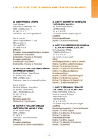 119
6. LES INSTITUTS ET éCOLES DE FORMATION AGRéés ou autorisés par LA RéGION
26.	 GRETA MARSEILLE LITTORAL
Lycée St Exupéry
529 Chemin de la Madrague Ville		
13326 MARSEILLE Cedex 15
Tél : 04 91 09 69 25
Site internet : http://littoral.gretanet.com
Lieu de formation :
GRETA - Lycée des Métiers La Viste
30 Traverse Bonnet
13015 MARSEILLE
Tél : 04 86 94 88 90
SANITAIRE
Formations préparatoires à l’entrée en formation
Diplôme d’État d’Aide-Soignant
Diplôme d’État d’Auxiliaire de Puériculture
Formations qualifiantes
Diplôme d’État d’Aide-Soignant
Diplôme d’État d’Auxiliaire de Puériculture
27.	 INSTITUT DE FORMATION EN Ergothérapie
AIX-MARSEILLE Université
Faculté de Médecine - Secteur Timone
27, Boulevard Jean Moulin
13385 MARSEILLE Cedex 5
Site internet : www.timone.univ-mrs.fr/medecine
Lieu de formation :
Faculté de Médecine - Secteur Nord
51, Boulevard Pierre Dramard
13916 – MARSEILLE Cedex 20
Tél : 04 91 69 88 40
SANITAIRE
Formations qualifiantes
Diplôme d’État d’Ergothérapeute
28.	 INSTITUT DE FORMATION EN MASSO-
Kinésithérapie DE MARSEILLE (IFMK)
92, Rue Auguste Blanqui	
13005 MARSEILLE	
Tél : 04 96 12 11 11
Site internet : www.ifmk.univ.mrs.fr
SANITAIRE
Formations qualifiantes
Diplôme d’État de Masseur Kinésithérapeute
29.	 INSTITUT DE FORMATION DE PEDICURES
PODOLOGUES DE MARSEILLE
206, Boulevard de Plombières
13014 MARSEILLE
Tél : 04 91 58 16 72
Site internet : www.ecoledepodologie.com
SANITAIRE
Formations qualifiantes
Diplôme d’État de Pédicure Podologue
30.	INSTITUT Méditerranéen DE FORMATION
ET RECHERCHE EN TRAVAIL SOCIAL (IMF)
50, Rue du Village - BP 50054
13244 MARSEILLE Cedex 1
Tél : 04 91 24 61 12
Site internet : www.imf.asso.fr
SOCIAL
Formations préparatoires à l’entrée en formation
Diplôme d’État d’Aide Médico Psychologique
Diplôme d’État de Moniteur Éducateur
Diplôme d’État d’Assistant de Service Social
Diplôme d’État d’Éducateur Spécialisé
Formations qualifiantes
Diplôme d’État d’Aide Médico Psychologique
Diplôme d’État de Moniteur Éducateur
Diplôme d’État d’Assistant de Service Social
Diplôme d’État d’Éducateur Spécialisé
31.	INSTITUT RégionAL DE FORMATION
SANITAIRE ET SOCIALE PACA ET CORSE
(IRFSS) CROIX ROUGE FRANÇAISE
Institut de Formation St-Joseph
208 Boulevard Chave
13005 MARSEILLE 	
Tél : 04 91 47 28 02
Site internet : http://irfss-pacac.croix-rouge.fr
SANITAIRE
Formations préparatoires à l’entrée en formation
Diplôme d’État d’Aide-Soignant
Diplôme d’État d’Auxiliaire de Puériculture
Diplôme d’État d’Infirmier
Formations qualifiantes
Diplôme d’État d’Aide-Soignant
Diplôme d’État d’Auxiliaire de Puériculture
Diplôme d’État d’Infirmier
 