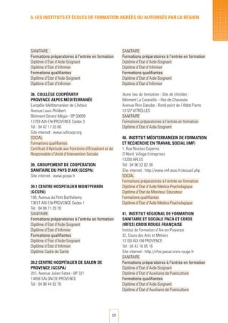 121
SANITAIRE	
Formations préparatoires à l’entrée en formation
Diplôme d’État d’Aide-Soignant
Diplôme d’État d’Infirmier
Formations qualifiantes
Diplôme d’État d’Aide-Soignant
Diplôme d’État d’Infirmier
	
38.	 Colllège Coopératif
PROVENCE ALPES Méditerranée
Europôle Méditerranéen de L’Arbois
Avenue Louis Philibert
Bâtiment Gérard Mégie - BP 50099
13793 AIX-EN-PROVENCE Cedex 3
Tél : 04 42 17 03 00
Site internet : www.collcoop.org
SOCIAL
Formations qualifiantes
Certificat d’Aptitude aux Fonctions d’Encadrant et de
Responsable d’Unité d’Intervention Sociale
39.	 GROUPEMENT DE Coopération
SANITAIRE DU PAYS D’AIX (GCSPA)
Site internet : www.gcspa.fr
39.1 CENTRE HOSPITALIER MONTPERRIN
(GCSPA)
109, Avenue du Petit Barthélemy		
13617 AIX-EN-PROVENCE Cedex 1	
Tél : 04 88 71 20 70
SANITAIRE
Formations préparatoires à l’entrée en formation
Diplôme d’État d’Aide-Soignant
Diplôme d’État d’Infirmier
Formations qualifiantes
Diplôme d’État d’Aide-Soignant
Diplôme d’État d’Infirmier
Diplôme Cadre de Santé
39.2 CENTRE HOSPITALIER DE SALON DE
PROVENCE (GCSPA)
207, Avenue Julien Fabre - BP 321		
13658 SALON DE PROVENCE
Tél : 04 90 44 92 70
SANITAIRE
Formations préparatoires à l’entrée en formation
Diplôme d’État d’Aide-Soignant
Diplôme d’État d’Infirmier
Formations qualifiantes
Diplôme d’État d’Aide-Soignant
Diplôme d’État d’Infirmier
Autre lieu de formation - Site de Vitrolles :
Bâtiment La Caravelle – Rez-de-Chaussée
Avenue Rhin Danube - Rond-point de l’Abbé Pierre
13127 VITROLLES
SANITAIRE
Formations préparatoires à l’entrée en formation
Diplôme d’État d’Aide-Soignant
40.	INSTITUT Méditerranéen DE FORMATION
ET RECHERCHE EN TRAVAIL SOCIAL (IMF)
1, Rue Nicolas Copernic
ZI Nord, Village Entreprises
13200 ARLES
Tél : 04 90 52 02 38
Site internet : http://www.imf.asso.fr/accueil.php
SOCIAL
Formations préparatoires à l’entrée en formation
Diplôme d’État d’Aide Médico Psychologique
Diplôme d’État de Moniteur Éducateur
Formations qualifiantes
Diplôme d’État d’Aide Médico Psychologique
41.	INSTITUT RégionAL DE FORMATION
SANITAIRE ET SOCIALE PACA ET CORSE
(IRFSS) CROIX ROUGE FRANÇAISE
Institut de Formation d’Aix-en-Provence
32, Cours des Arts et Métiers
13100 AIX EN PROVENCE
Tél : 04 42 16 05 16
Site internet : http://irfss-pacac.croix-rouge.fr
SANITAIRE
Formations préparatoires à l’entrée en formation
Diplôme d’État d’Aide-Soignant
Diplôme d’État d’Auxiliaire de Puériculture
Formations qualifiantes
Diplôme d’État d’Aide-Soignant
Diplôme d’État d’Auxiliaire de Puériculture
6. LES INSTITUTS ET éCOLES DE FORMATION AGRéés ou autorisés par LA RéGION
 